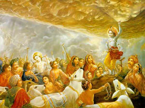 Krsna lifting Govardhana Hill 